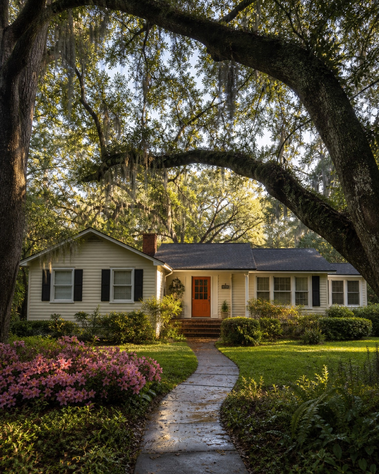 A representative North Florida bungalow beneath live oak trees in warm morning light
